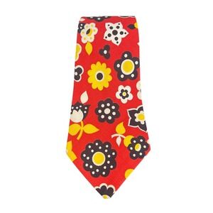 Vintage 70s Mod Floral Tie Red Flower Power Retro Hippie Bold Groovy Kitsch
